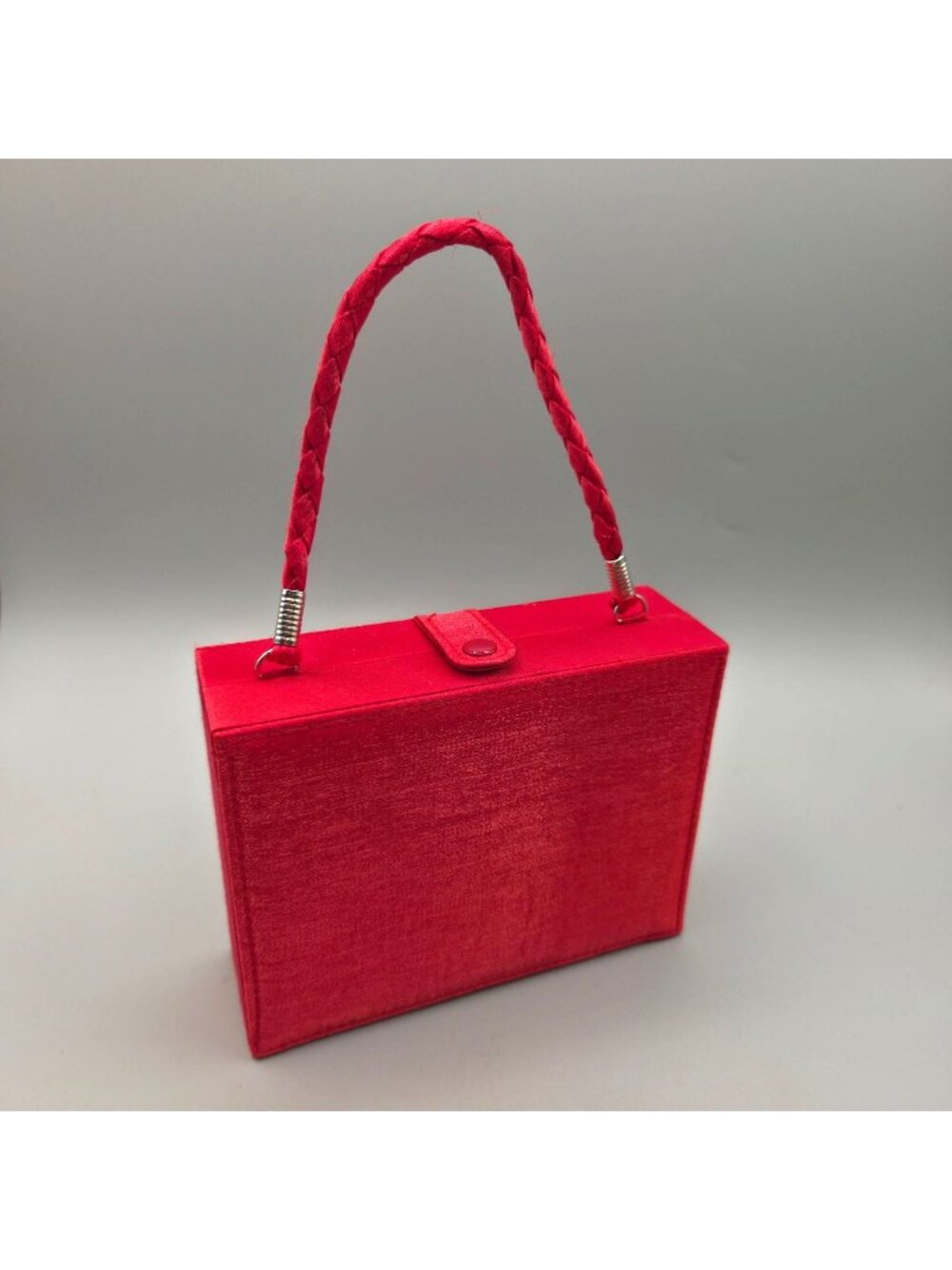 Vintage Lancôme Red Satin Box Clutch Handbag Braided Handle Snap Closure Small